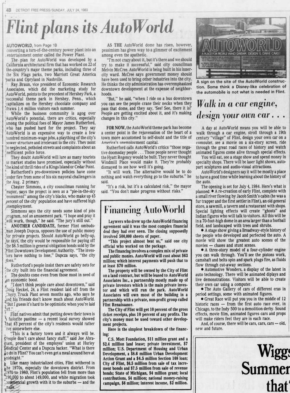 AutoWorld (Six Flags AutoWorld) - JULY 1983 ARTICLE FREE PRESS